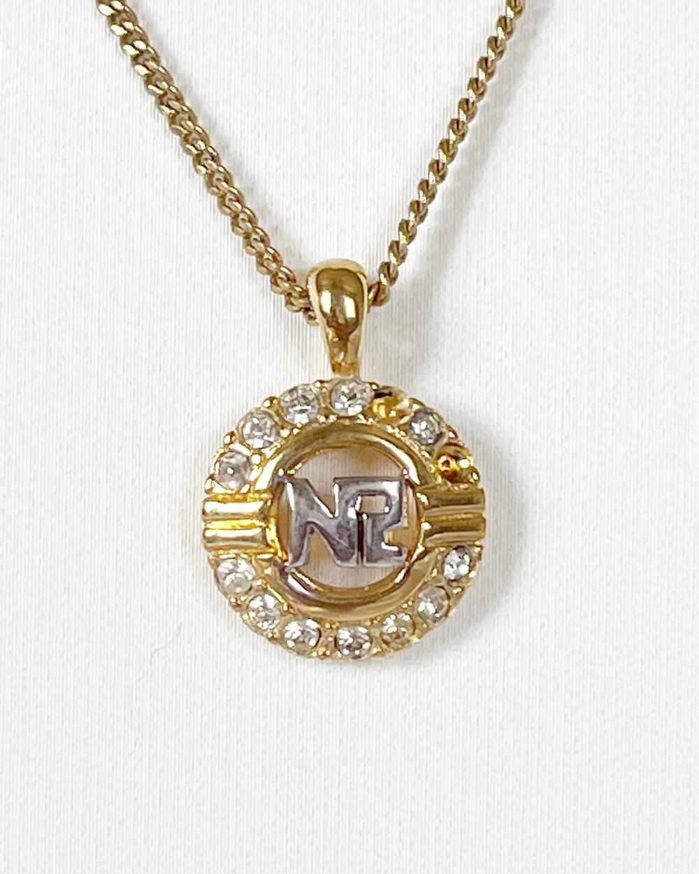 NINA RICCI Vintage Pendant Necklace Circular Crystal Frame Silver Gold NR Logo